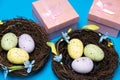 Gifts for Easter, Easter sale. Eggs in nests and gift boxes on a blue background. Royalty Free Stock Photo