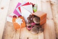 Gifts and envelopes on wooden table Royalty Free Stock Photo