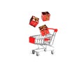 Gifts fall in the buyer`s basket. Full shopping cart. White isolated background. The concept of gifts and purchases before the Ne Royalty Free Stock Photo