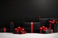 Gifts Galore: Black Friday, Cyber Monday Shopping with Black Gift Boxes and Ribbons. Royalty Free Stock Photo