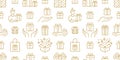 Gifts gold seamless pattern. Vector on white background included line icons as box, surprise, courier, delivery, courier