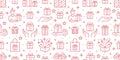 Gifts gold seamless pattern. Vector on white background included line icons as box, surprise, courier, delivery, courier