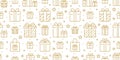 Gifts gold seamless pattern. Vector on white background included line icons as box, wrap, xmas, surprise, paper, handbag