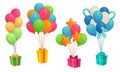 Gifts hanging on colorful balloons bunch. Boxes of different color and shape with ribbon bow for birthday