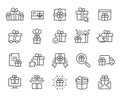 Gifts Icons set. Collection of simple linear web icons such Gift Set, Gift Giving and Delivery, Gifts with Balls, Gift Royalty Free Stock Photo