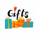 Gifts lettering. Hand drawn simple birthday or christmas presents. Cute doodle colorful boxes with ribbons and phrase vector