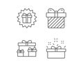 Gifts line icons. Present and Surprise box.