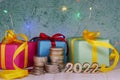 Gifts and money for the holiday. Holiday New Year and Christmas. New Year`s card