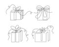 Gifts one-line set, hand drawn continuous contours. Doodle, sketch style, minimalism. Holiday present, festive surprise, souvenir