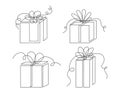 Gifts one-line set, hand drawn continuous contours. Doodle, sketch style, minimalism. Holiday present, festive surprise, souvenir