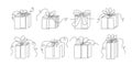 Gifts one-line set, hand drawn continuous contours. Doodle, sketch style, minimalism. Holiday present, festive surprise, souvenir