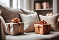 Gifts with orange ribbons on sofa in decorated living room. Royalty Free Stock Photo