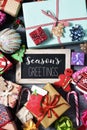 Gifts, ornaments and text seasons greetings