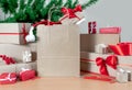 Gifts package box shopping bag white christmas tree red new year delivery Royalty Free Stock Photo