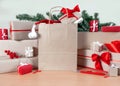 Gifts package box shopping bag white christmas tree red new year delivery Royalty Free Stock Photo