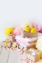 Gifts and pink decorations for girl baby shower indoors Royalty Free Stock Photo