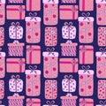 Gifts seamless pattern. Birthday, new year or valentine background. Holiday pattern with gift boxes. Wrapping paper design in pink Royalty Free Stock Photo