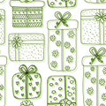 Gifts seamless pattern. New year or holidays background. Outline pattern with gift boxes. Wrapping paper design in green colors Royalty Free Stock Photo