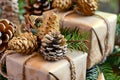 gifts topped with pine cones and attached with compostable adhesives Royalty Free Stock Photo