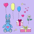 Gifts toy bunny balloons packing boxes hearts and chamomile. Doodle outline cartoon style colorful elements for valentines day and