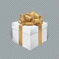 Vector realistic gift box with gold ribbon and bow. Transparent background. - Illustration Royalty Free Stock Photo
