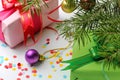 Gifts under the branches of a Christmas tree close-up Royalty Free Stock Photo