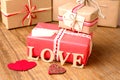 Gifts for Valentine's Day. Decorative boxes and felt hearts Royalty Free Stock Photo