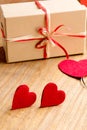 Gifts for Valentine's Day. Decorative boxes and felt hearts Royalty Free Stock Photo