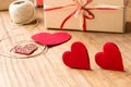 Gifts for Valentine's Day. Decorative boxes and felt hearts Royalty Free Stock Photo