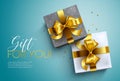 Gifts vector banner design. Gift for you text with elegant gold ribbon and confetti celebration elements for birthday, christmas.