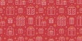 Gifts white and gold seamless pattern. Vector on red background included line icons as box, wrap, xmas, surprise, paper