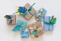 Gifts wrapped in kraft paper. View from above.