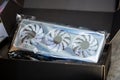 Gigabyte GeForce RTX 3060 Ti GPU, graphics card inside an original box in foil. Installing, buying and unboxing a new gpu, 3 fans