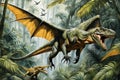 Giganotosaurus: A Massive Theropod Dinosaur Soaring Through a Prehistoric Rainforest - Lush Green Foliage Surrounds