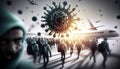 Gigant virus. Airport - plane boarding. Coronavirus, epidemic and fears