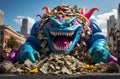 Giant Animated Monster Enjoying a Pile of Money in a Busy City Street During Daytime