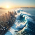 A gigantic devastating tsunami hits a large metropolis