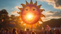 A gigantic, grinning sun balloon casting a warm glow over a cheerful summer festival