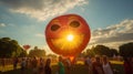A gigantic, grinning sun balloon casting a warm glow over a cheerful summer festival