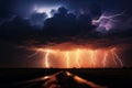 Gigantic lightning bolt splits the dusk on wide, stormy horizon