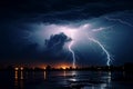 Gigantic lightning bolt splits the dusk on wide, stormy horizon