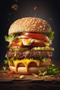 Majestic tasty Cheeseburger, very delicious, attractive, with creamy sauce, vegetables. Generative AI(Real 300 DPI)