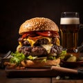 Gigantic Multilayered Hamburger With Fries And Stout Beers