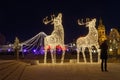 Gigantic reindeers christmas decoration made of led light Royalty Free Stock Photo