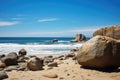 A gigantic rock perched serenely on the soft sands of a beautiful beach, Big rocks on the ocean landscape beach view with a blue