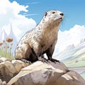 Gigantic Scale Beaver In Detailed Comic Book Art On Mountain Rocks
