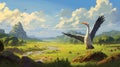 Gigantic Scale Stork Concept Art In Grassy Field