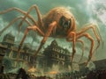 Gigantic Spider Attack on a City with Historic Buildings, Apocalypse Concept Art Illustration Royalty Free Stock Photo
