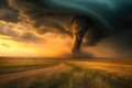 A gigantic tornado emerges ominously from the sky, its path of destruction imminent, A massive twister ripping across open plains