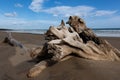 A GIGANTIC TREE LIES DEAD LAYING ON THE SEA SHORE